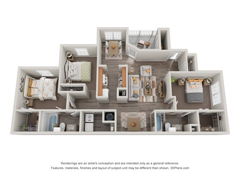 A 3D floor plan of a house with multiple rooms.